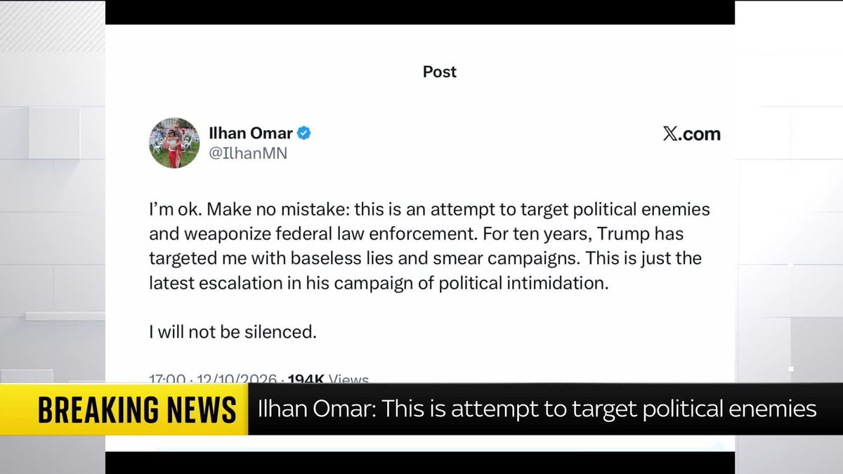 BREAKING: Ilhan Omar, a Democratic representative in Minnesota, has responded to her home being raided by US federal agents. In a statement posted on X she says: 'This is an attempt to target political enemies.'