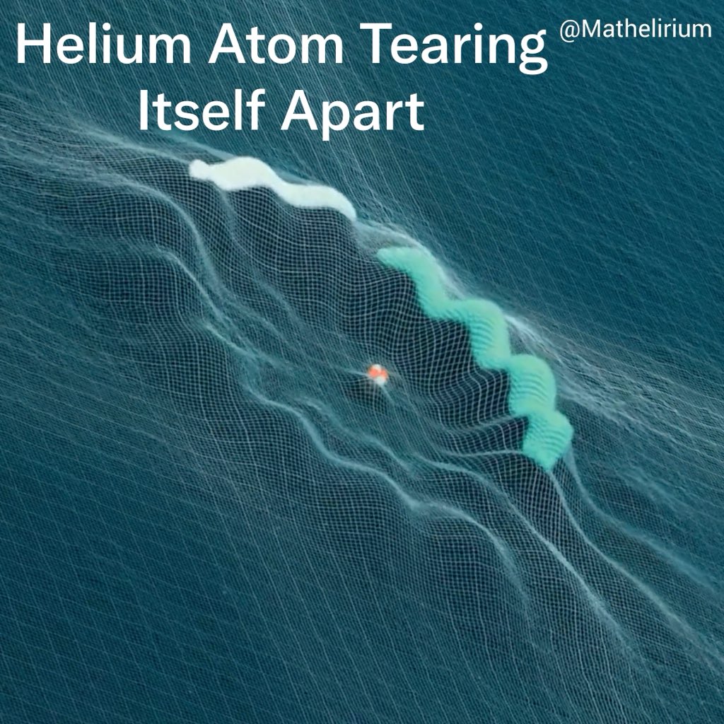 A helium atom tearing itself apart. Two electrons circle the nucleus, swapping energy back and forth. Then one drops inward and kicks the other one out. Those rings rolling across the fabric are the escaping electron. Hydrogen can't do this because it only has one electron.