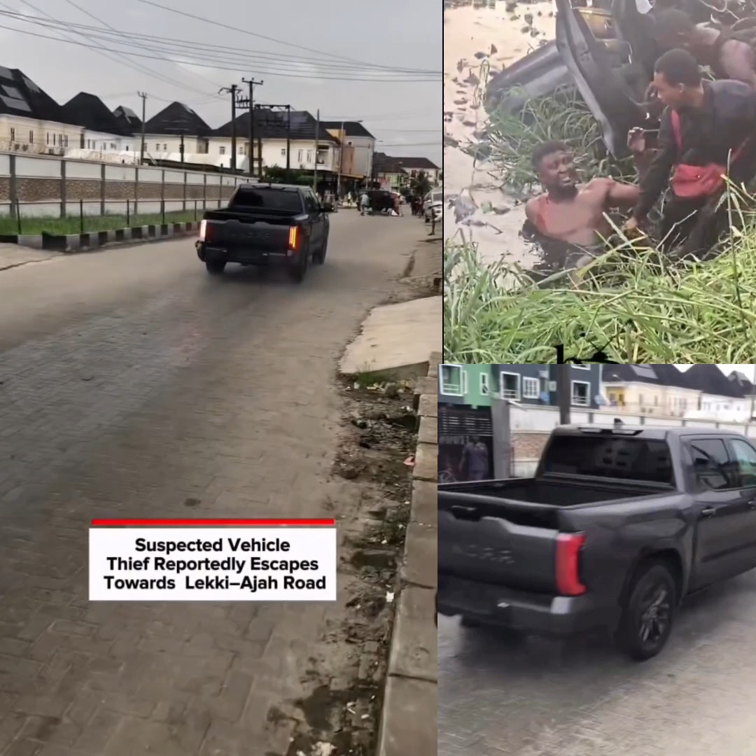 Chaos in Ajah, Lagos State today as a man allegedly disguises himself as a buyer to ste@l a Toyota Tundra Hilux from a car stand. He reportedly injured several people along the route from VGC to Jakande before being caught in Ajiran.
