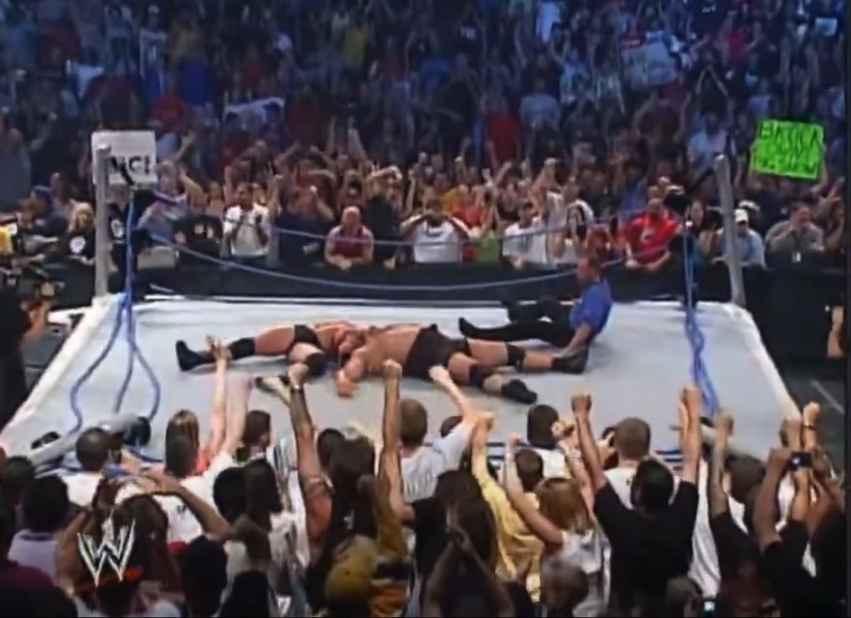 June 12, 2003: Brock Lesnar delivers a Superplex to Big Show, ring implodes