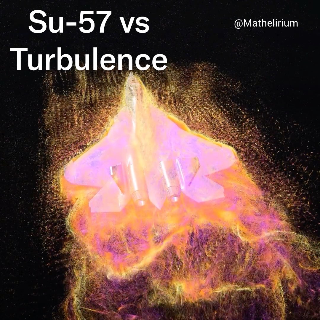 The best video on X right now, no contest! A Su-57 rolls left, rolls right, then rips a full Cobra maneuver. Simulated with the lattice Boltzmann method... a D3Q19 solver with a Smagorinsky turbulence model at Re = 1,000,000 (I learned after the render that its too low for a fighter jet... should've been between 50-100 mil). This took me 12 hrs😑 10 million tracer particles light up the wake by vorticity.