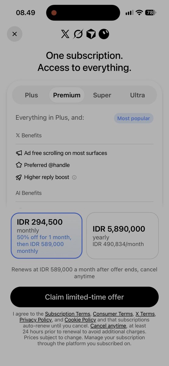 𝕏 baru saja memberikan update harga untuk premium dan ada perubahan tier subscription. Untuk saat ini harga paling murah namanya Plus dengan harga perbulan 104,250 (udah bisa monet). Dan diteruskan sama Premium harganya 200++ Tapi tenang aja.. Tapi info yang saya dapat, kalo kamu sekarang sudah langganan cenblu gak perlu untuk upgrade ke harga baru. Kamu masih bisa pake langganan dan harga versi yang lama. Semoga gak ada yang berubah jadi kamu yang udah cenblu gak dapet harga baru. Kalo kamu tetep mau aktif jangan stop cenblu biar nanti gak harus pake harga baru yang lebih mahal itu..