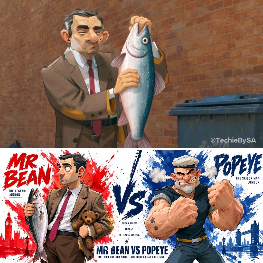 Popeye powered up. Mr. Bean accidentally powered up more 💪🏻🧸 GPT Image 2.5 + Seedance 2.5 Prompt below👇🏻