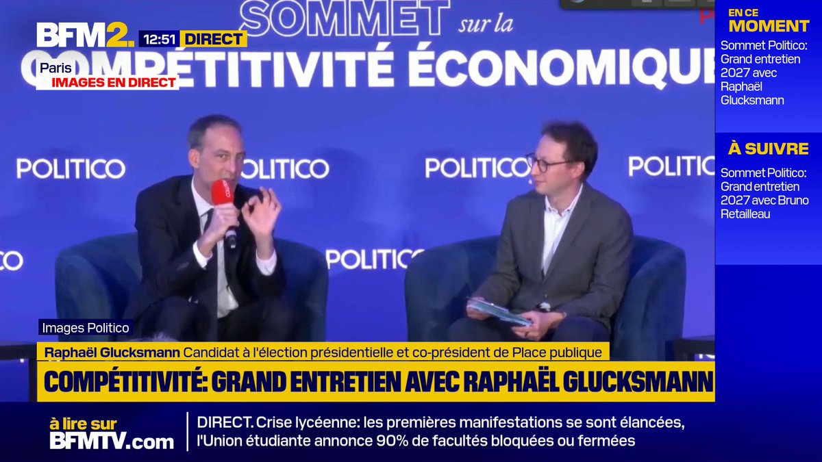 "Un bon stagiaire observe. (...) J'ai observé, j'ai tout noté. J'ai fait un rapport de stage que j'ai rendu en 2024, et bien sûr les appareils se sont approprié ce rapport et l'ont signé à ma place. C'est fini ça", ironise Raphaël Glucksmann #BFM2