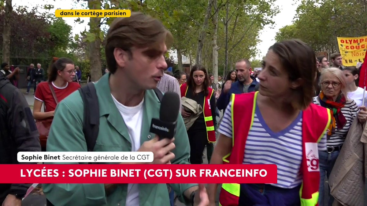 🔴 🗣 "Les organisations syndicales ont pris leurs responsabilités et appellent à une grande journée de grève, de manifestations et de convergences le 5 novembre prochain", déclare Sophie Binet, secrétaire générale de la CGT, présente dans le cortège parisien. #canal16
