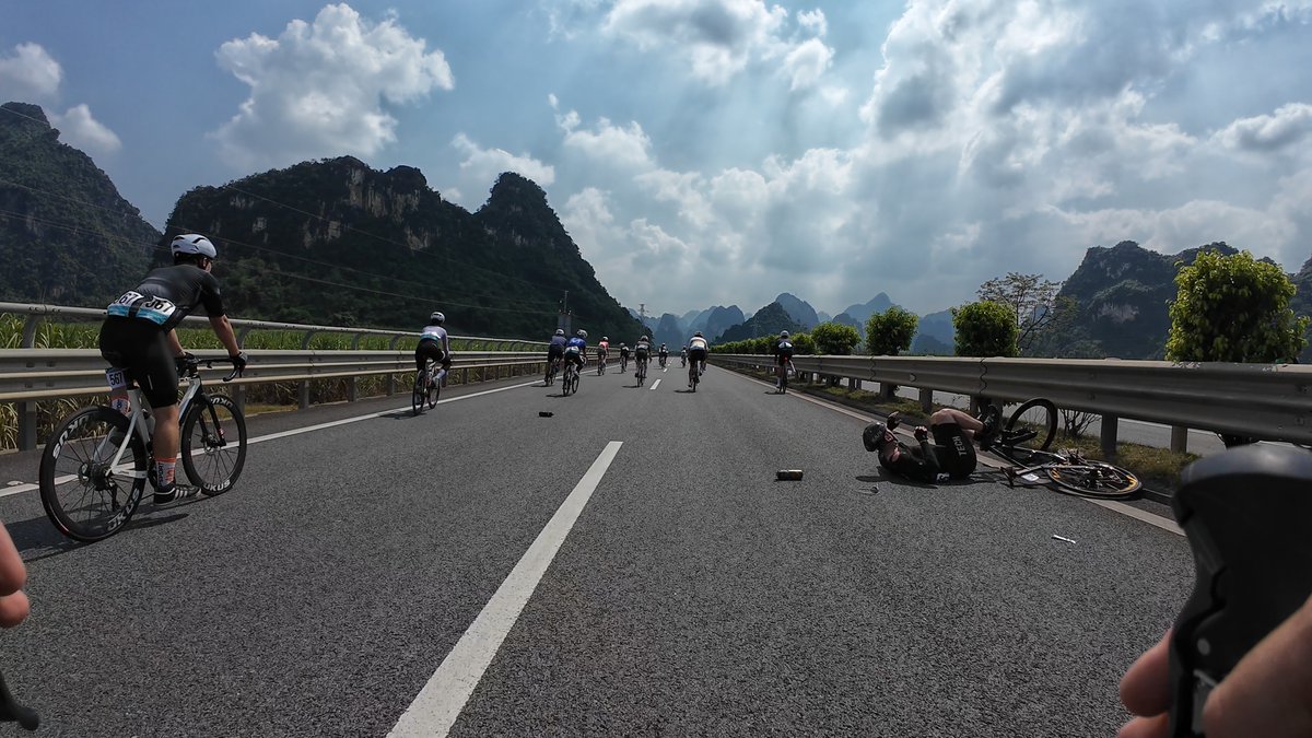 And this is the exact reason why I feared today to stay close to the wheels. 😬 One rider crashed so hard in front of me, I stopped with others to see if he needs any help, he was (sort of) alright, told us to go. Beautiful but dangerous sport! #TourofGuangxi
