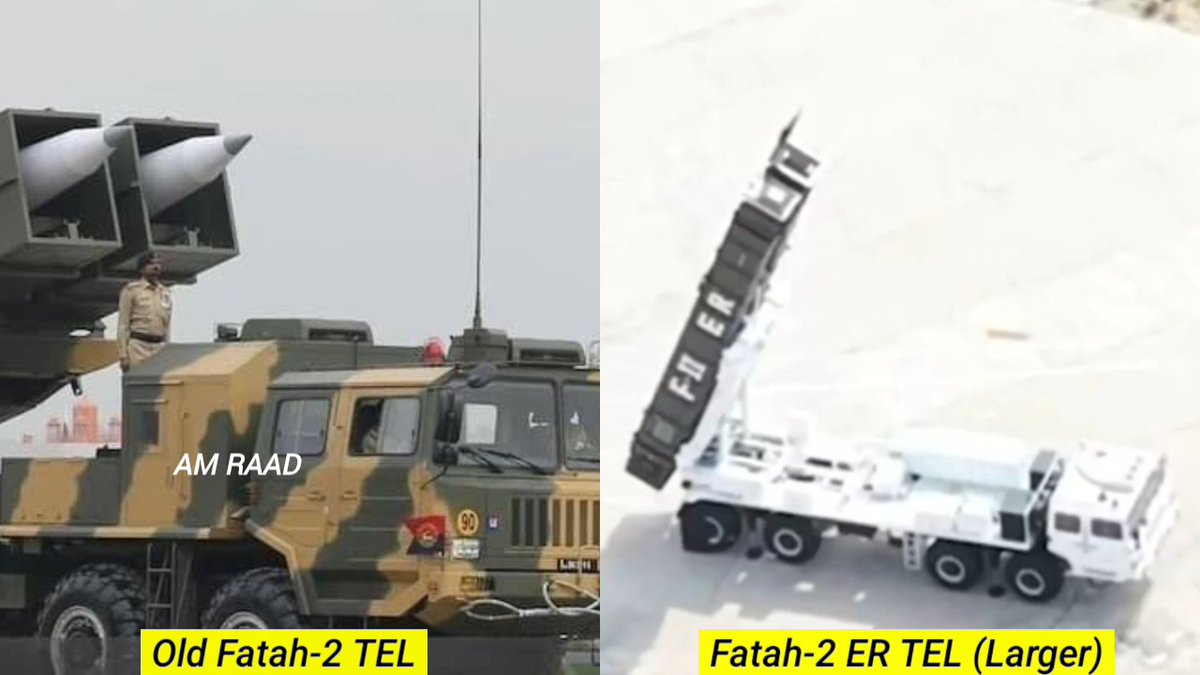 New Fatah-2 ER is larger, and even its TEL is considerably bigger than the older‼️ I hope it possesses, bi-conic or tri-conic re-entry structure for better pressure distribution, enhancing its terminal maneuverability, retaining Hypersonic weapons' characteristics.