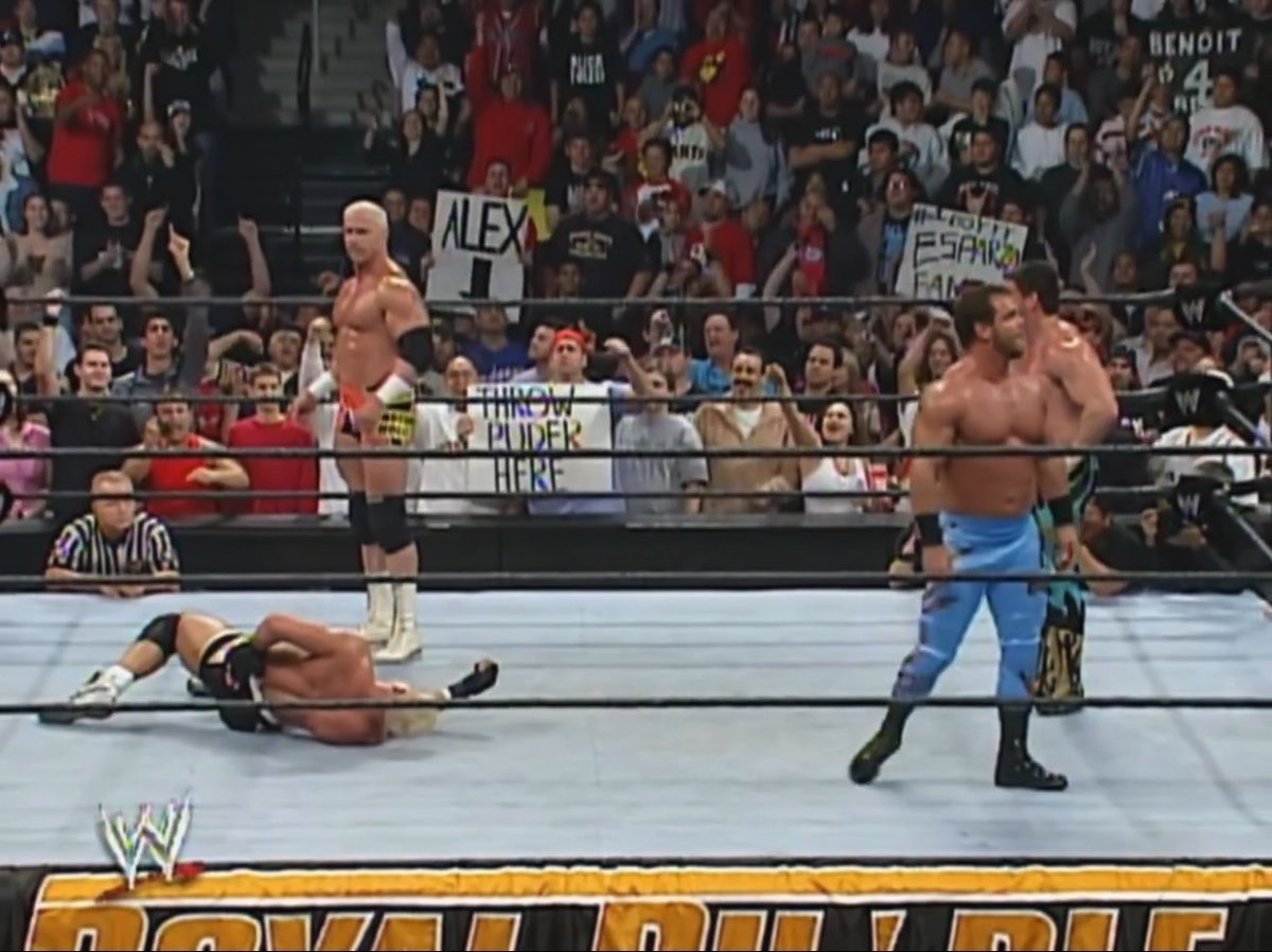 Royal Rumble 2005: Chris Benoit, Eddie Guerrero, &amp; Hardcore Holly give vicious chops to Tough Enough winner Daniel Puder