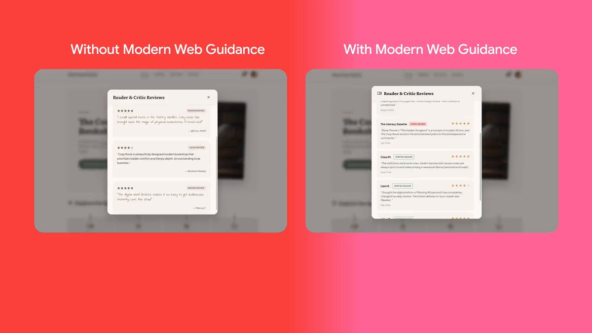 Side-by-side test for building dialogs: standard agent vs. agent with Modern Web Guidance 🏁 Both generate similar UIs, but the guided version skips four separate event listeners in favor of `commandfor` and `command` attributes, with less code overall. Which approach would you rather maintain in your codebase? →