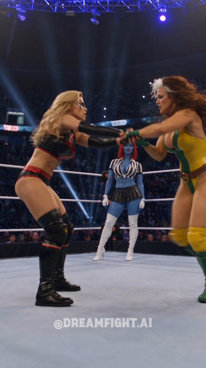 **MS. MARVEL VS. ROGUE — WWD WRESTLING** 💥🤼 Sold-out arena, Rogue has Carol rolled up for the pin, and the referee is counting fast. Way too fast. That's because the ref is Mystique. Rogue already stole Carol's powers once. Now her mom is stealing the match. Was that a fair count? Who really won? 👇 #dreamfightai #msmarvel #rogue #mystique #xmen