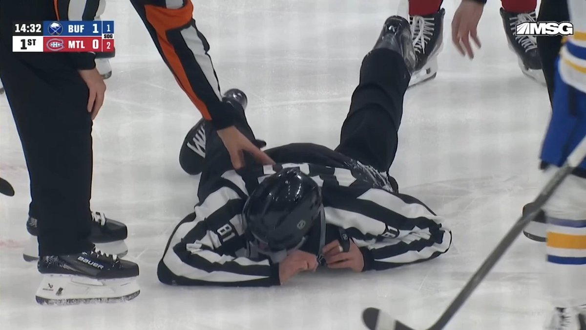 Scary moment as linesman Ryan Daisy hits the ice hard He gets helped off the ice and to the locker room Hopefully he will be okay