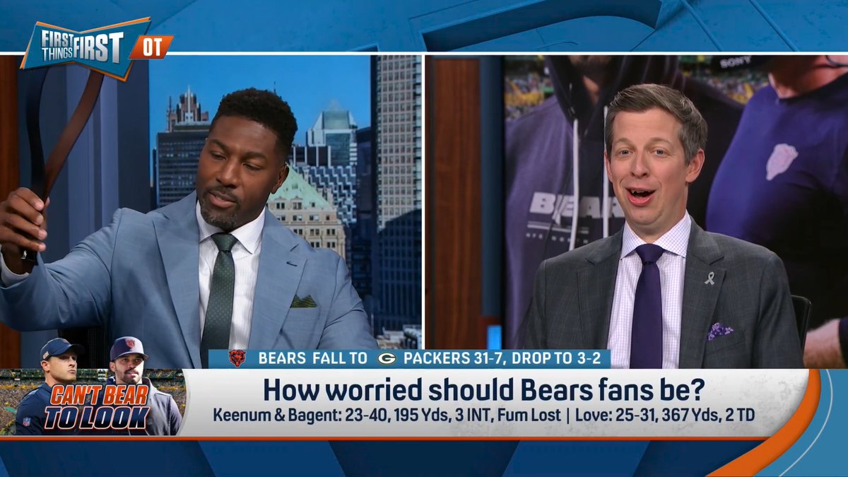 .Danny Parkins: “That was an embarrassing low point of the Ben Johnson era.” Greg Jennings: “This is what you guys do... The Packers have been bad, but the one thing that remains is we still beat the Bears." Greg brought out the belt to talk Bears-Packers 😭😭