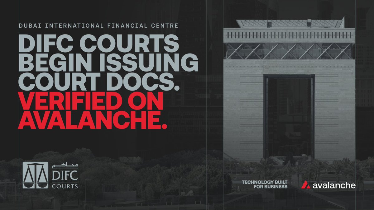 BREAKING: Dubai’s DIFC Courts is using Avalanche to make court orders and hearing records verifiable worldwide in seconds The courts handled $5.1B across 2,500+ claims in 2025 alone. Issuance happens on Avalanche in Dubai, while confidential documents stay off chain.