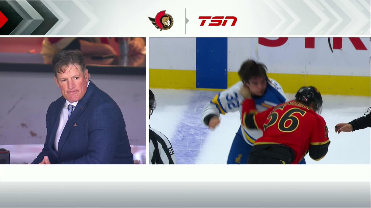 Shean Donovan couldn't help but intently watch his son's first NHL fight from the TSN booth 😅 #Sens