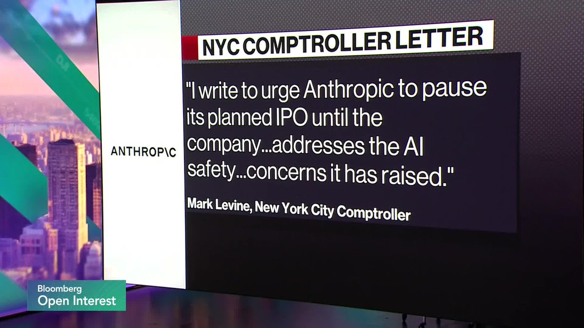 Anthropic should pause its initial public offering until it has fully addressed risks around artificial intelligence, according to New York City’s comptroller. Ed Ludlow reports