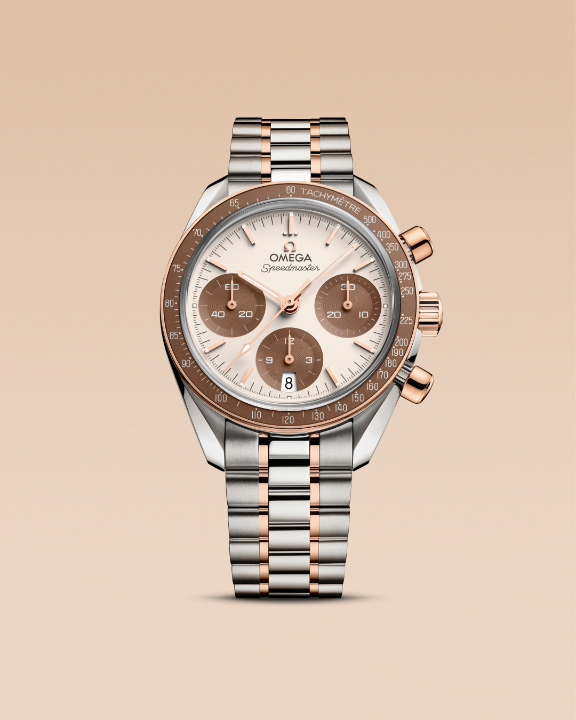 A smaller new Speedmaster, in detail. The Speedmaster 38 mm Ivory Dial builds on the collection’s signature “cappuccino” style, with an ivory-colour main dial, brown PVD coated subdials and 18K Sedna™ Gold details. Explore a Smaller Size. #OMEGA #Speedmaster
