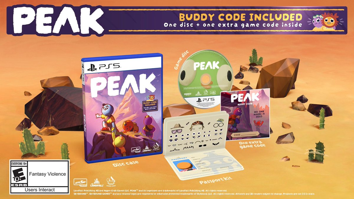 ATTENTION SCOUTS! PEAK is coming soon to PS5 in peak physical form! 💿 Full Game on Physical Disc 📝 An extra Buddy Code - for a friend to redeem their own digital copy 📘 A Scout Passport, with sticker-customizable ID page and themed artwork pages Pre-orders are available now at your favorite retailers!