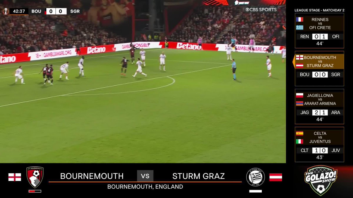 Bournemouth score their FIRST-EVER home European goal 🔥 Evanilson is the player who gets it with a brilliant header from distance 🍒 Watch the #UEL on Paramount+ 📺