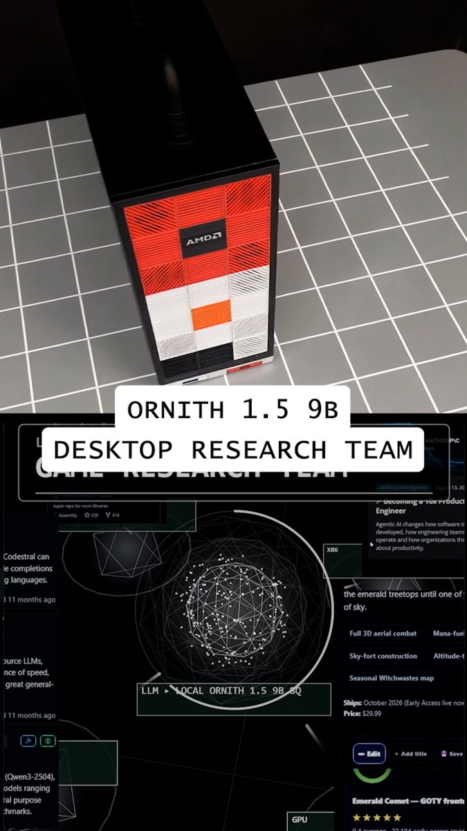 One small but punchy Ornith 1.5 9B model runs our local desktop research team, using browsers to find fresh ideas for new game builds. Powered by Hermes, LM Studio, and 128GB AMD Ryzen AI Max+ unified memory. See how AMD is helping builders build.