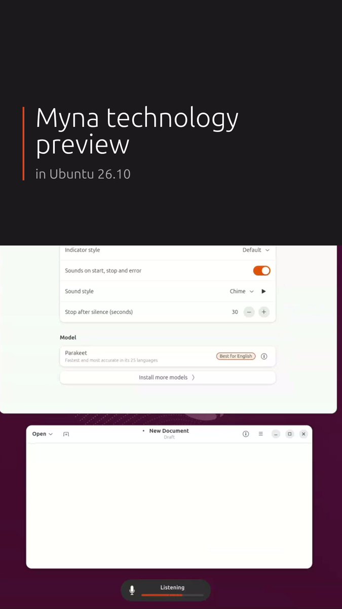 #StonkingStingray brings us the debut of Myna: Ubuntu’s speech-to-text agent. Named after the Myna bird (known for its ability to mimic human speech), Myna is an opt-in feature in Ubuntu 26.10, designed to provide speech recognition with clear visual feedback while you speak. Ubuntu 26.10 is now available to download. Learn more: