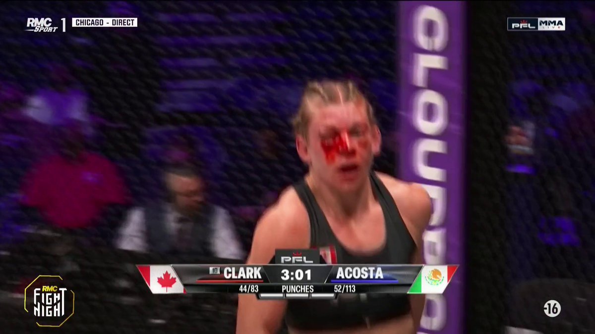 🚨 Quelle guerre ! #PFLChicago 🇨🇦 Shannon Clark vient à bout d'Acosta au 3e round ! La Canadienne a connu un début de combat compliqué, encaissant énormément de dégâts, mais elle a réussi à renverser la situation pour terminer la Mexicaine ! 📺 ON EST EN DIRECT sur RMC Sport 1 !