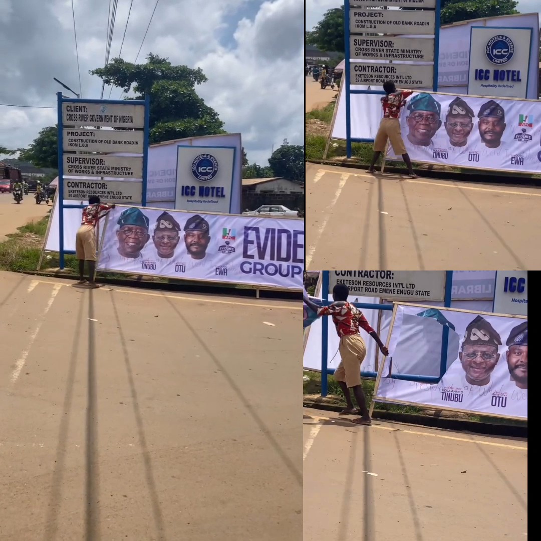 Woman Destroys Tinubu’s Banner in Cross River State After Getting Angry Upon Seeing His Face.