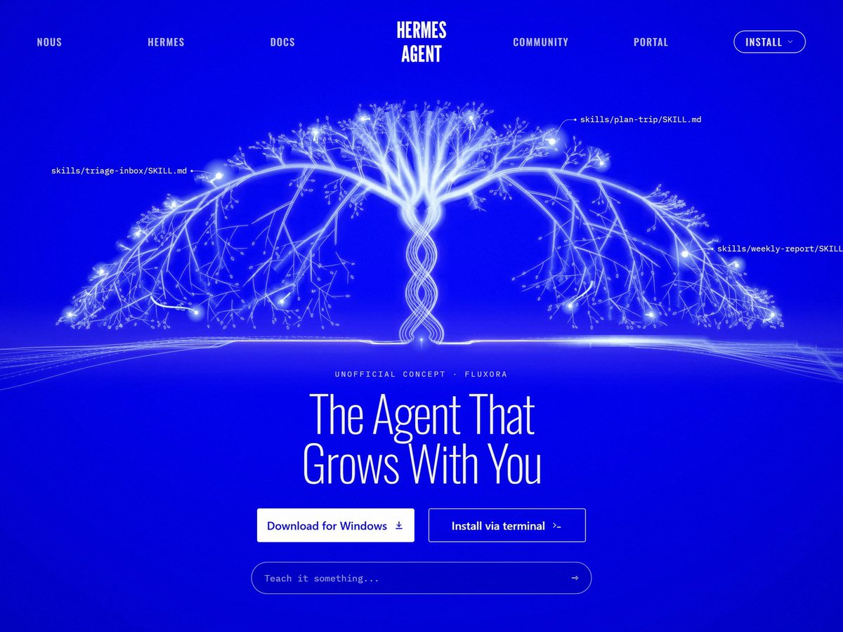 🫠 I created an interactive visual metaphor for how Hermes learns. Teach it a skill and it evolves with you: a new stem spawns in the tree. Try teaching it something →