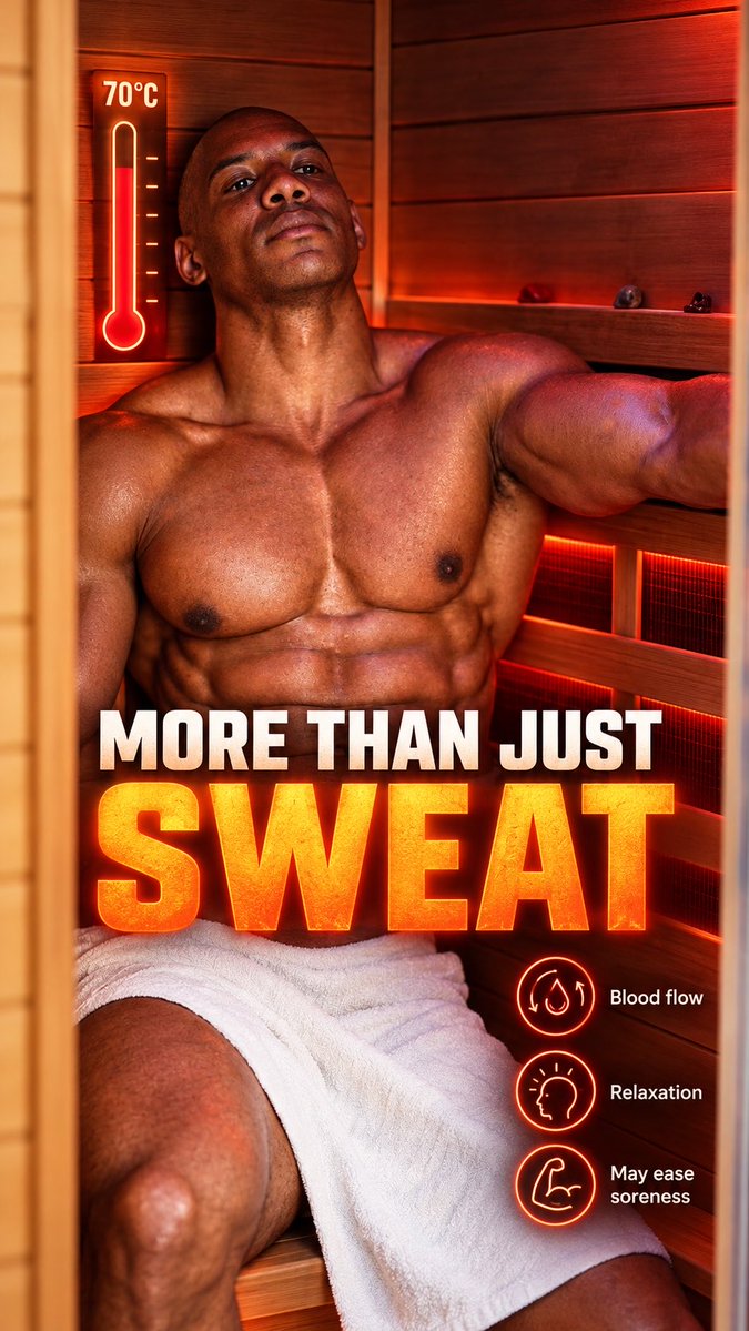 You see sweat. Your body feels the heat. 🔥 And there’s more happening than a towel working overtime. 😂 Heat raises your heart rate and increases blood flow to your skin. Sauna sessions can also help you unwind and may ease muscle soreness. I use my infrared sauna 3–4 times a week, sometimes in the morning and sometimes after training. It’s a chance to slow down and give recovery some attention. 💪🏾 The research is interesting, but context matters: many of the long-term heart-health findings come from traditional Finnish saunas, so we can’t assume every infrared session delivers identical benefits. 📚 Research on PubMed: • Clinical Effects of Regular Dry Sauna Bathing: A Systematic Review — PMID: 29849692 • Cardiovascular and Other Health Benefits of Sauna Bathing: A Review of the Evidence — PMID: 30077204 Training gets a place in your diary. Recovery deserves one too. Are you a regular sauna user, or do you walk out after two minutes questioning your life choices? 😂👇🏾 #InfraredSauna #Recovery #MensHealth