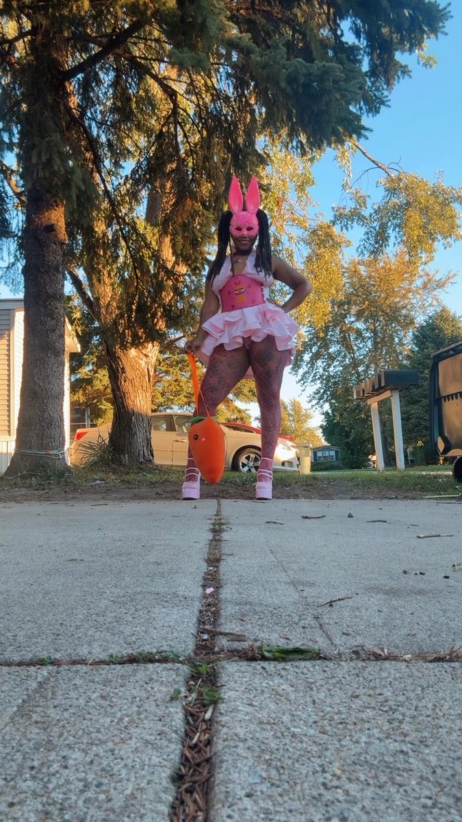 The blueprint for a glam bunny. Custom tailored, custom detailed Custom dress, carrot purse, and custom blossom corset belt made by me Bling bunny mask #5below Shoes #akira Fishnets and lace panties #amazon
