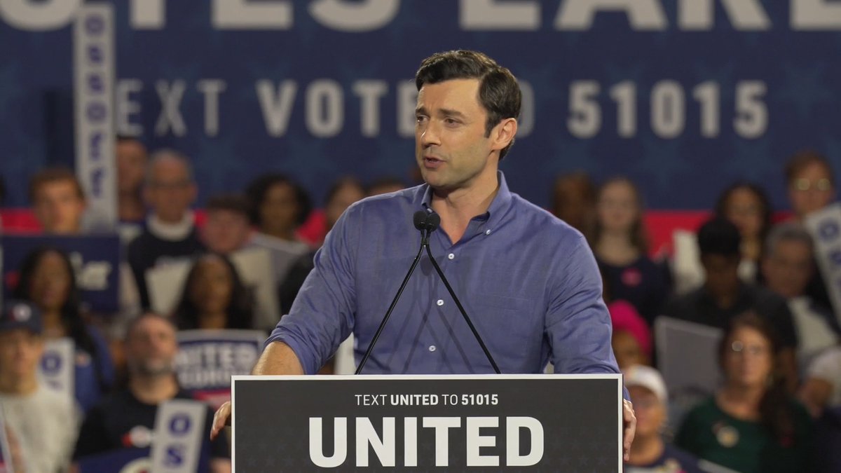Ossoff: This is what small men like Donald Trump and Mike Collins will never understand — that our national greatness flows not through our blood or our genes but through our ideas, our aspirations, and our care for one another. Mike Collins, who put people with Klan ties in campaign leadership roles, who personally himself has promoted neo-Nazi propaganda, who praised a mob that was harassing a Black woman on a college campus with monkey sounds. And I don't know if you saw the debates last week. Mike, if you want to go again, I'm ready. I'm ready, Mike. But see, at last week's debate, he couldn't even bring himself to say he'd stop the production of neo-Nazi propaganda from his own house. Did you see that? I told Mike we could shake on it. All he had to do was stop neo-Nazi propaganda from his house for three weeks. He refused.