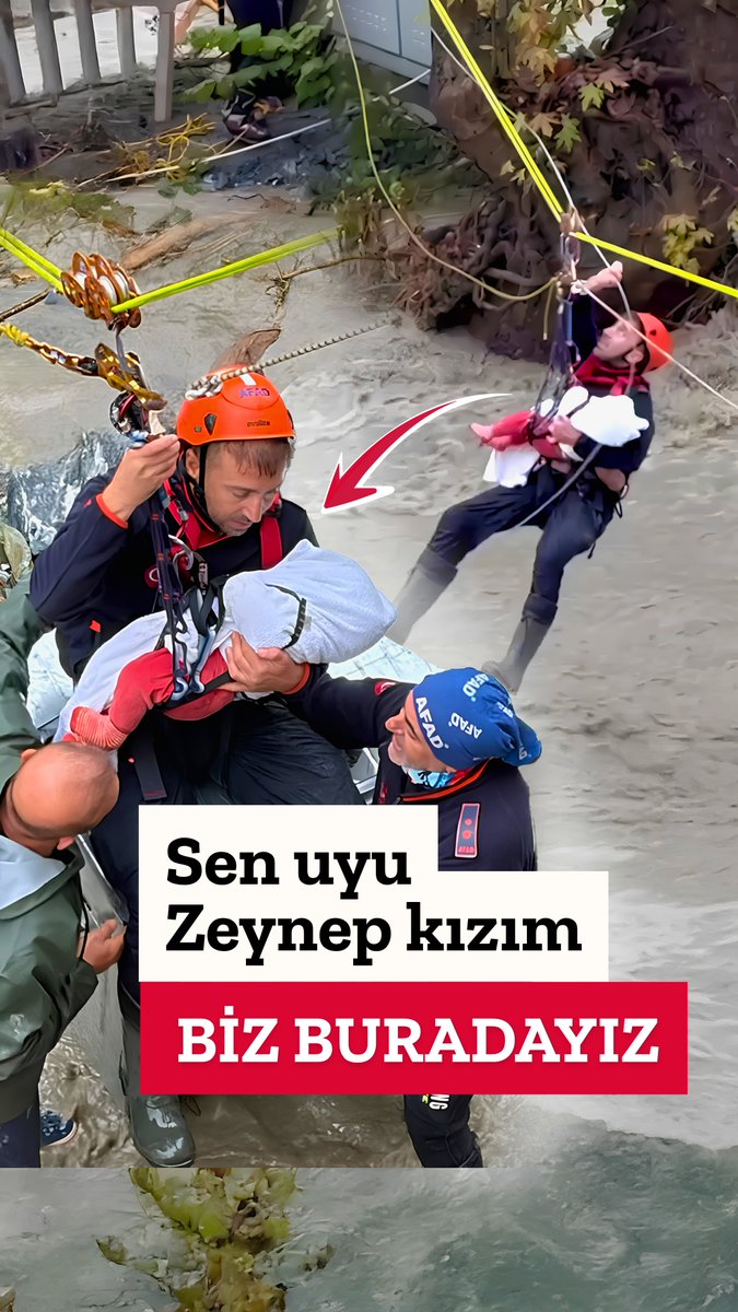 SEN UYU ZEYNEP KIZIM, BİZ BURADAYIZ… Sakarya’nın Sapanca ilçesinde, sel nedeniyle mahsur kalan 8 aylık Zeynep bebeğimiz ekiplerimiz tarafından kurtarıldı. O zorlu anlarda yüreğimizi ısıtan öyle güzel bir an yaşandı ki… AFAD personelimiz Murat Ergül, kucağına aldığı Zeynep bebeğimizin uykusu bölünmesin diye onu usul usul pışpışladı. Zeynep kızım… Sen bugün yaşananları belki hiç hatırlamayacaksın. Ama büyüdüğünde bil ki sen daha onların adını bile bilmezken, onlar seni korumak için seferber oldu. Seni kurtaran o eller, uykunu bölmeye bile kıyamadı. İşte sen bu kadar kıymetlisin, güzel kızım… Bizi biz yapan, en zor zamanlarda dahi kaybetmediğimiz bu gönül inceliğidir. Başta Murat kardeşim olmak üzere, afetin en zorlu anlarında kendi canlarını hiçe sayarak vatandaşlarımızın yardımına koşan, gece gündüz demeden büyük bir fedakârlık ve adanmışlıkla görev yapan bütün kahramanlarımızı yürekten tebrik ediyorum. Cenâb-ı Hak bütün evlatlarımızı her türlü afetten muhafaza eylesin. Bahtlarını açık, ömürlerini hayırlı eylesin.