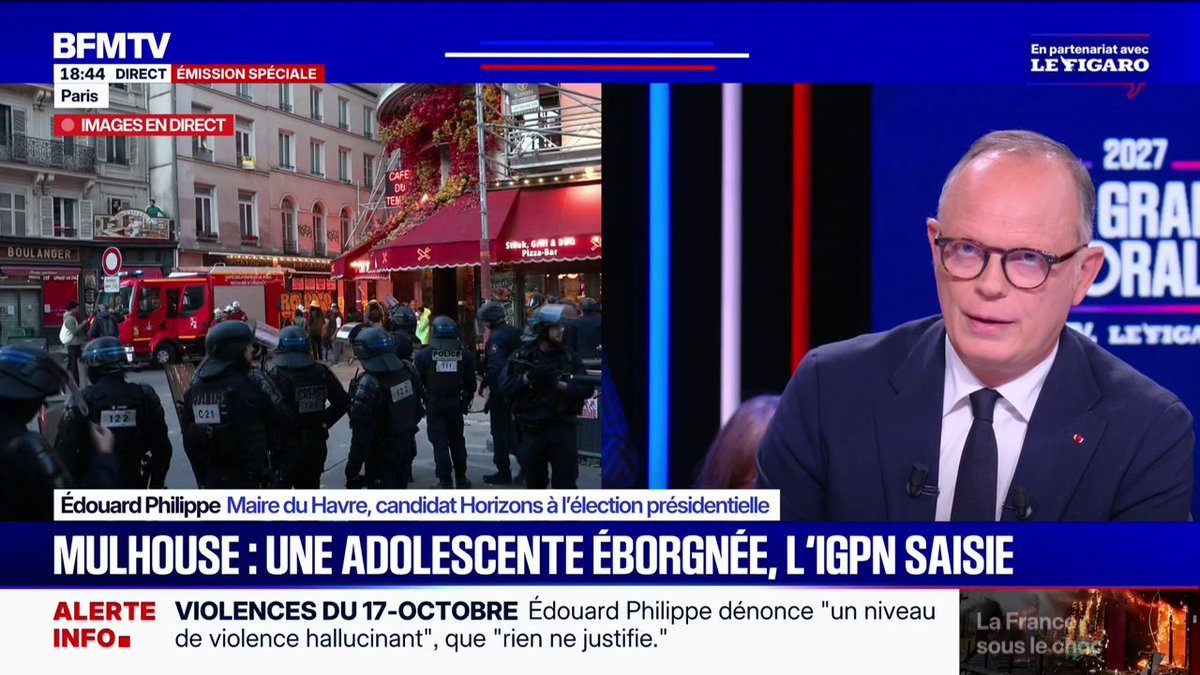 17-octobre: une adolescente de 17 ans a perdu un œil à Mulhouse, une enquête a été ouverte par l'IGPN La réaction d'Édouard Philippe, candidat Horizons à la présidentielle
