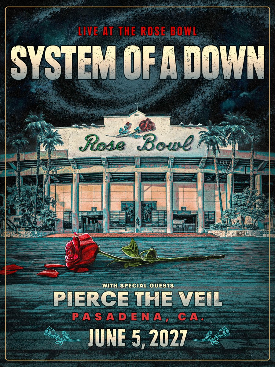LIVE AT THE ROSE BOWL 🥀 June 5, 2027 with special guest Pierce The Veil Presale registration is open now through Wed, Oct 21 at 9PM PT at Please note: SOAD mailing list subscribers must still register to receive presale access. There will be no code. Registering will ensure you are notified when the presale is available to you. Presale begins Fri, Oct 23 at 10AM PT. General on-sale is Mon, Oct 26 at 10AM PT.