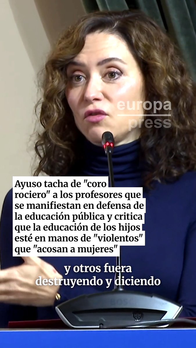 Ayuso tacha de "coro rociero" a los profesores que se manifiestan en defensa de la educación pública y critica que la educación de los hijos esté en manos de "violentos" que "acosan a mujeres"