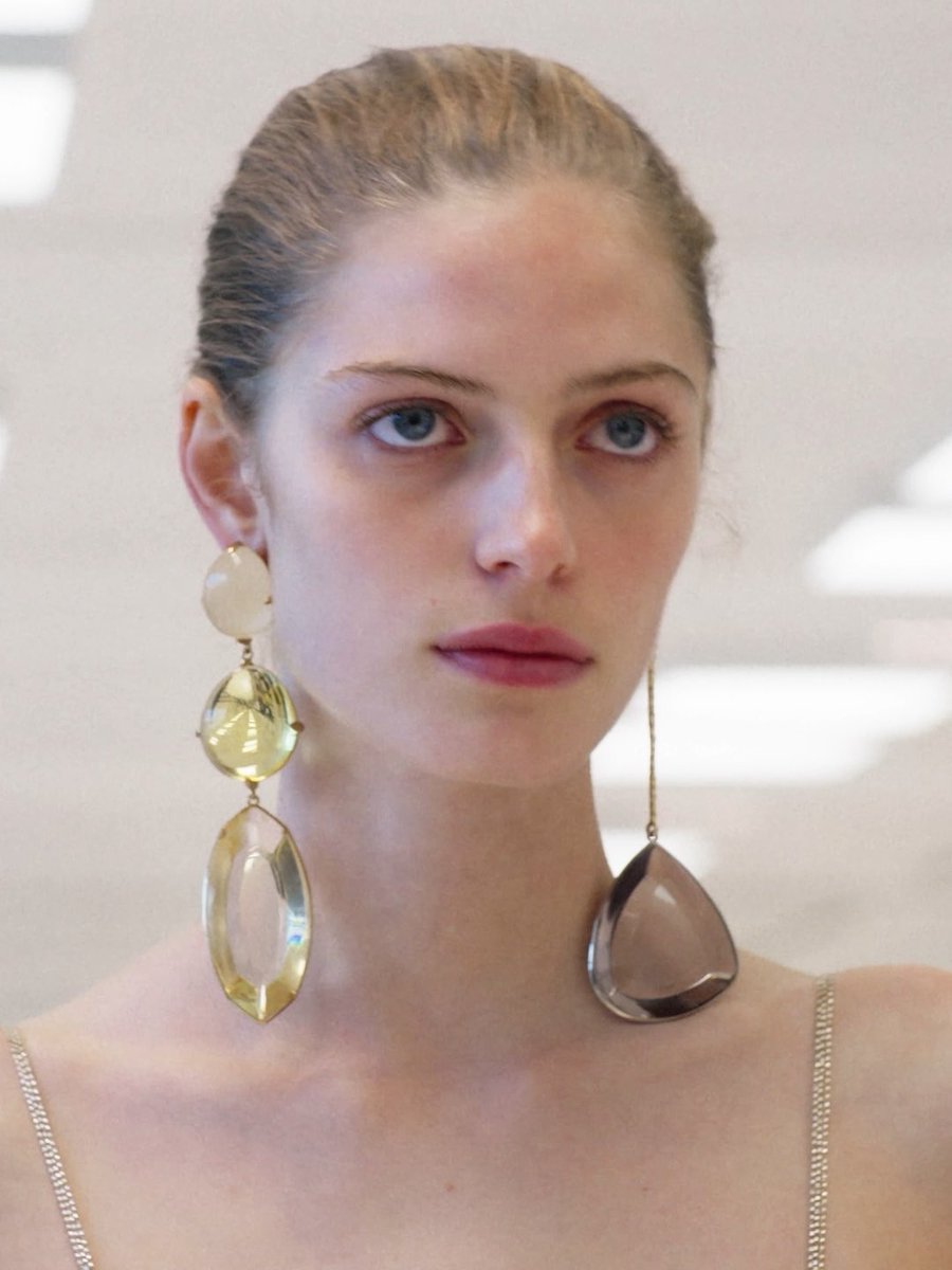 Sarah. The embroidered tulle ruffle dress and Rainbow Drop earrings. Givenchy by Sarah Burton