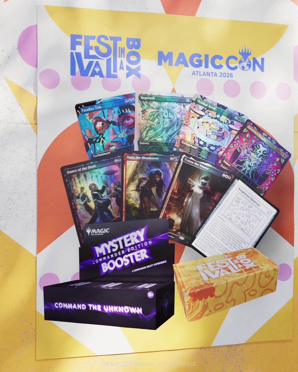 MagicCon Atlanta is bringing the festival. We put the rest in a box. Festival in a Box: Atlanta 2026 features Secret Gallery: Atlanta, illustrated by local artists, alongside the debut of Mystery Booster Commander Edition and its new Commander Draft experience. Available now.