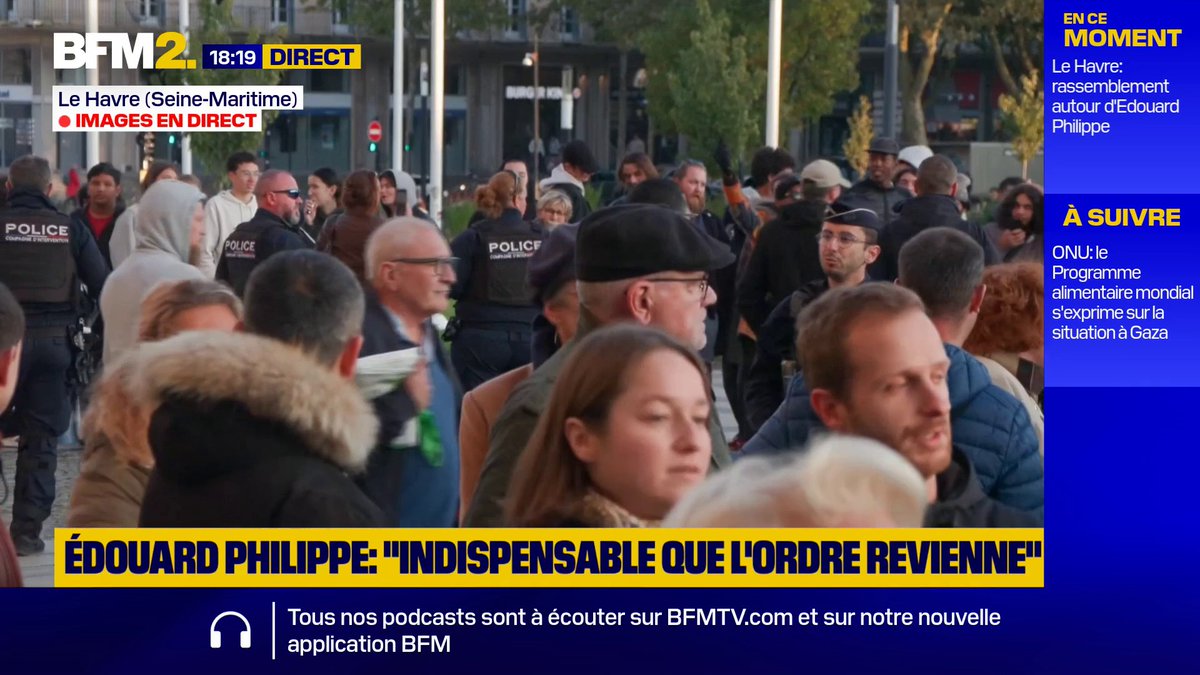 💬 "Voyez la différence (...) entre ceux qui se rassemblent calmement et qui écoutent et ceux qui viennent systématiquement provoquer" Un rassemblement autour du maire du Havre et candidat à la présidentielle, Édouard Philippe, perturbé par des manifestants #BFM2