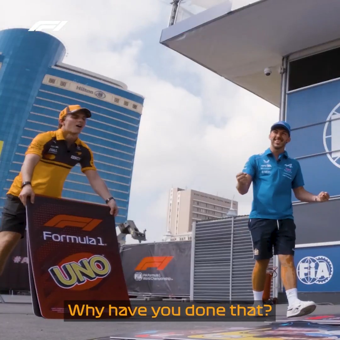 There's guaranteed laughter as Lando, Oscar & Pierre play giant UNO in the paddock 🤣 watch the full video now on our YouTube channel! 👀 #F1