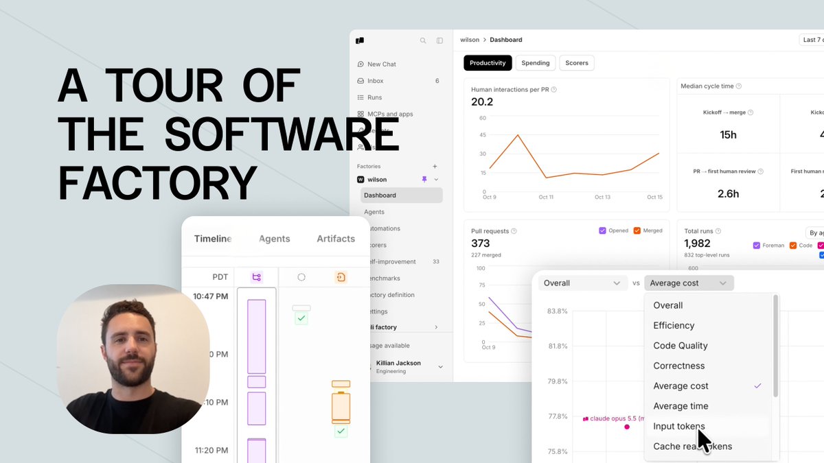 Three months since adopting software factories, we’re at 40% more PRs merged and 67% lower cost per PR. We got there by measuring agent quality, benchmarking models, and using self-improvement loops to make our factory better. Here's how you can do this too in Warp Factories: