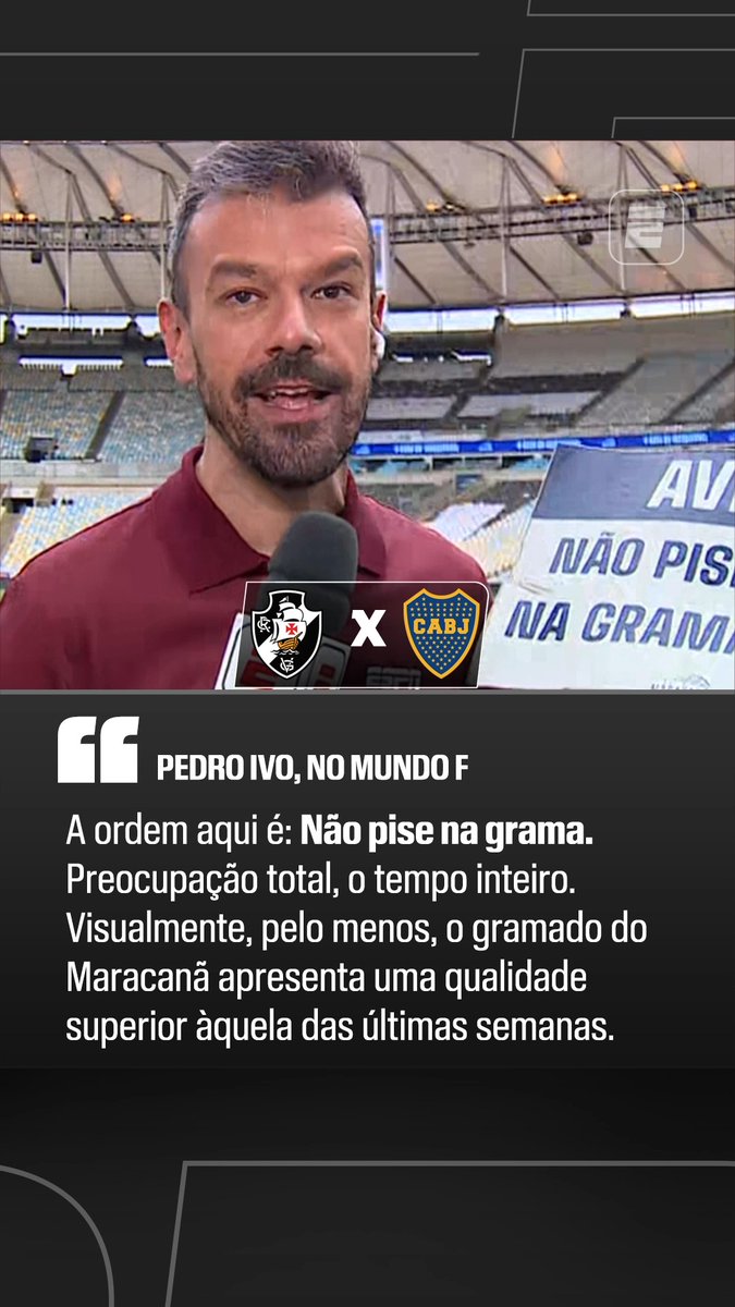 🚨🏟️ COMO ESTÁ O GRAMADO DO MARACANÃ? Pedro Ivo está no Maracanã para acompanhar a volta da semifinal da CONMEBOL Sul-Americana entre Vasco e Boca Juniors! No Mundo F, o repórter revelou que há uma placa no gramado com o aviso “Não pise na grama”, gerando preocupação. Apesar disso, segundo ele, a qualidade do campo está melhor do que nas últimas semanas. 👀⚽ Assista à Sul-Americana na ESPN pelo plano Premium do #DisneyPlus #SulAmericanaNaESPN #Vasco #BocaJuniors