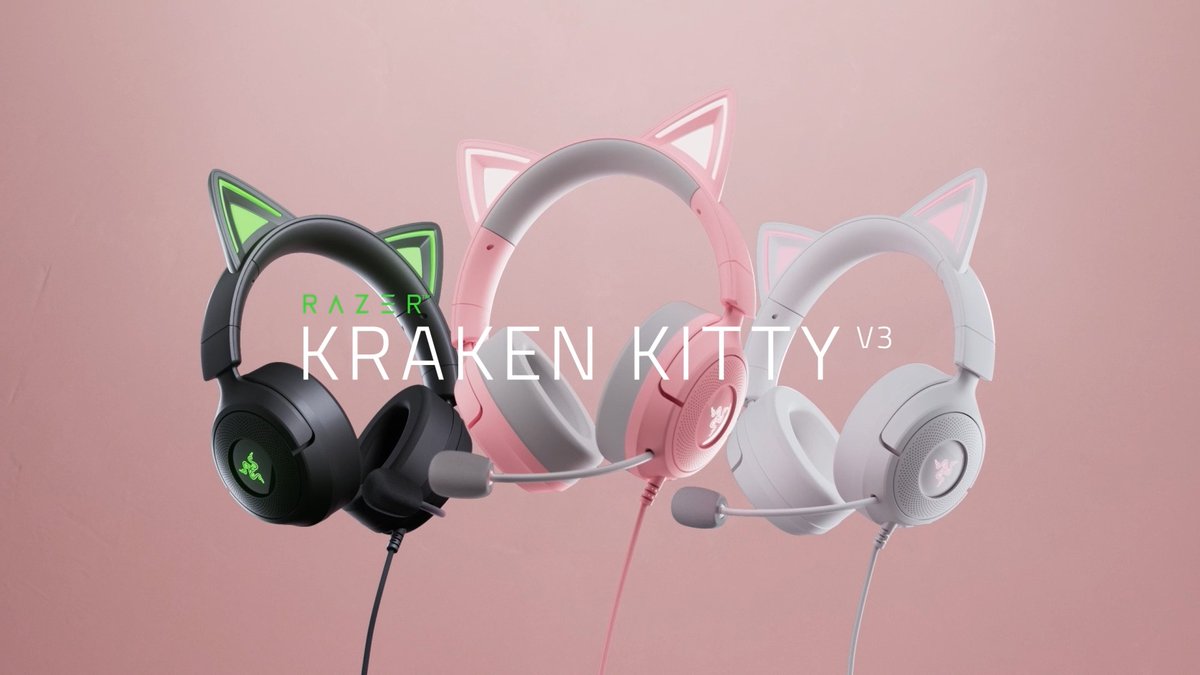 Pick your purrfect colorway with the new Razer Kraken Kitty V3. Available now at With Cosplay Mode, Razer Chroma RGB lighting keeps your signature kitty look glowing wherever you go.