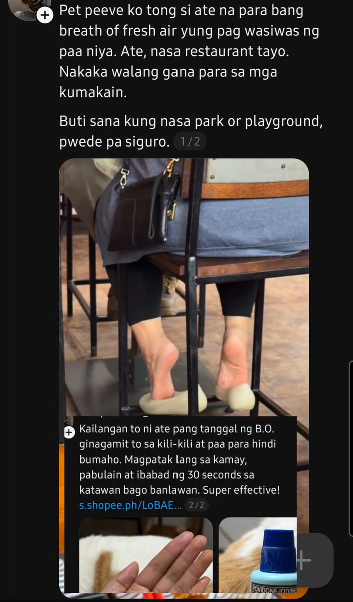 Alam ko may kanya kanyang tayong pet peeve and I respect that. For me parang medyo OA naman sya dito. Obviously, d abot ng paa ni Ate yung floor, as a short person too, relate ako dito, sometimes way ko para d mangawit. At d naman super wasiwas, minsan mannerism natin din yan. Nga pala, may 2/2 comment siya, sending product link. Concerned ba talaga siya or all for promotion pala ang post all the while. 🤔🙄