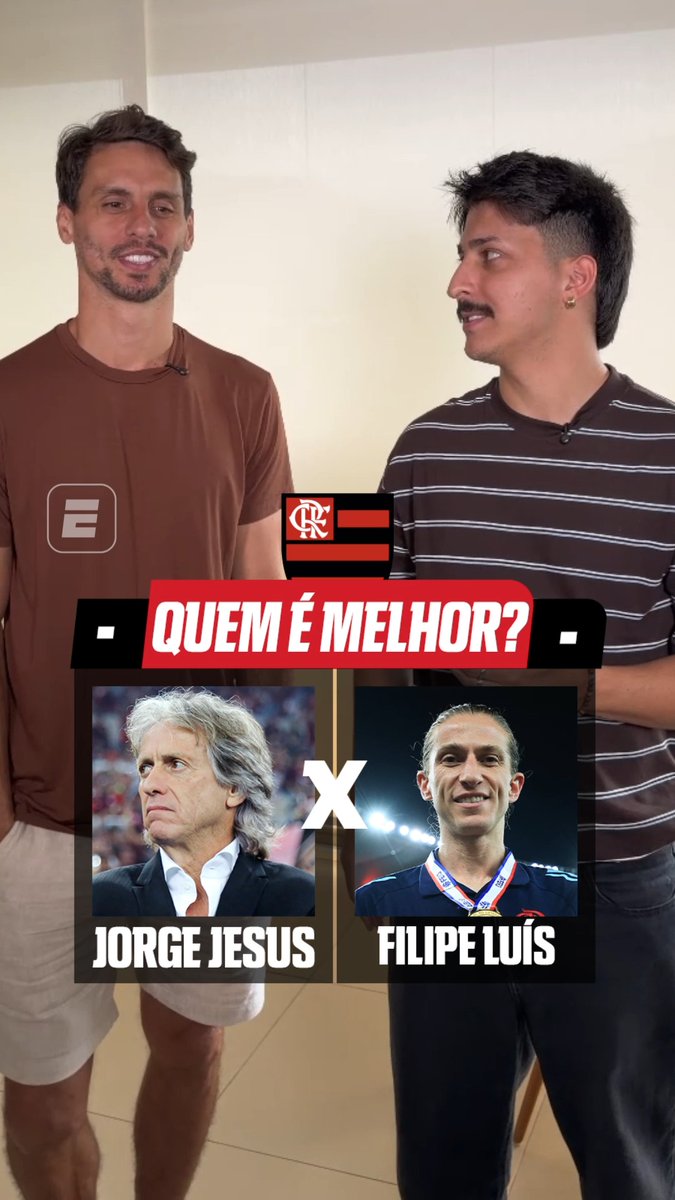 Rodrigo Caio respondendo comparações entre Jorge Jesus e Filipe Luís: • Resenha: Jorge Jesus • Substituições: Filipe Luís • Jogadas ensaiadas: Filipe Luís • Preleção: Filipe Luís • Gestão de grupo: Jorge Jesus • Bola aérea: Filipe Luís • Entrevistas: Filipe Luís • Um para treinar a Seleção Brasileira: Filipe Luís 🎥 ESPN Brasil
