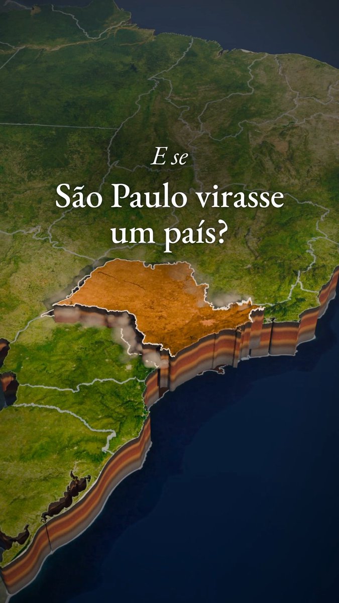 E se São Paulo virasse um país? 🗺️ 44 milhões deixariam de ser brasileiros, o novo pais nasceria do tamanho da Argentina e o Brasil perderia 31,5% do que produz. Só que a água, a energia e a comida de São Paulo vêm de fora. Quem sustenta quem?