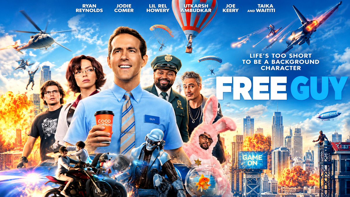 🎬 **FREE GUY (2021)** Bagaimana kalau seorang NPC tiba-tiba sadar bahwa hidupnya hanyalah bagian dari sebuah game? 🎮😎 Saat dunia mulai berubah, Guy harus berani keluar dari aturan dan menentukan jalan hidupnya sendiri. 🔥