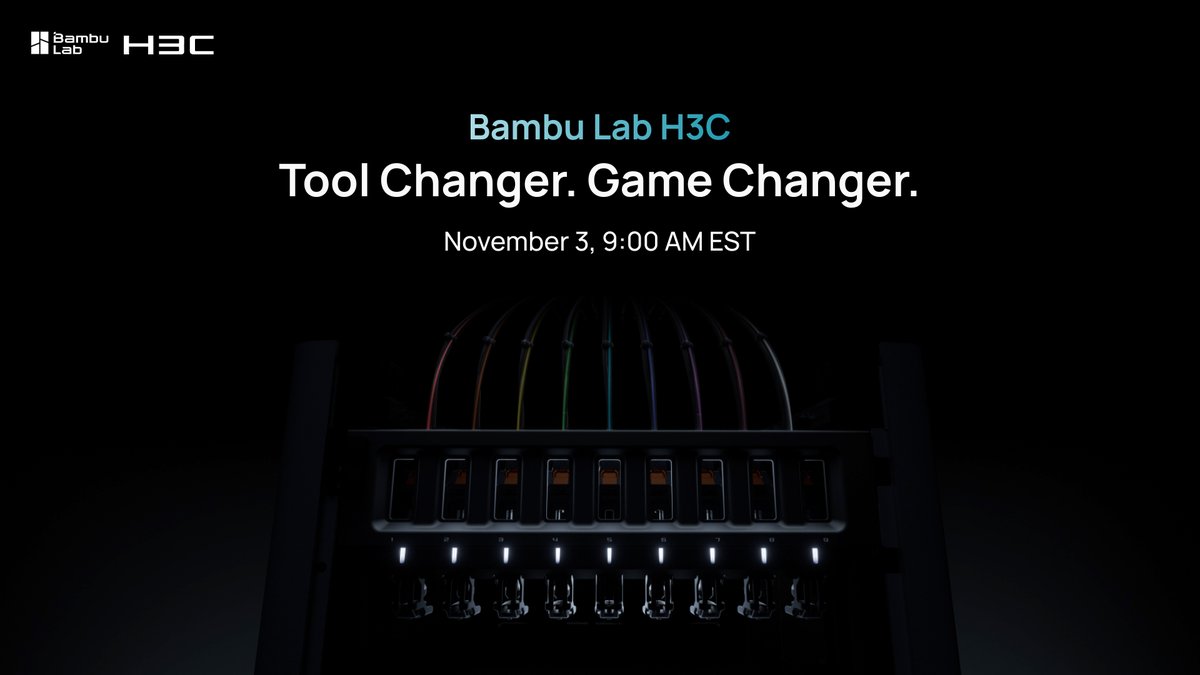 Nine tools, built into one printer. A New Tech to Swap. Bambu Lab H3C · Nov 3, 9 AM EST Sign up to get notified first: