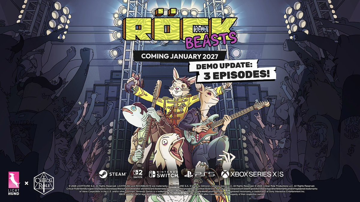 ROCKBEASTS DEMO UPDATE IS LIVE for #SteamNextFest 🤘🤘🤘 New full episode to play (now there are 3 in total!), and new cast members to meet along the way! Matthew Mercer, Marisha Ray, and Travis Willingham join as… Well, play and find out! ROCKBEASTS, our recently announced rock & roll narrative RPG, is available to try on STEAM today 🎸 #ROCKBEASTS #SteamNextFest #CriticalRole #IndieGames #RPG