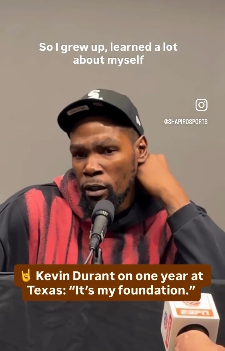 Didn't know this: Kevin Durant said he moved to Austin the day after he graduated high school. Here's more from KD on how his year at Texas changed his life: "The impact that this community had on my life has been felt. It's going to be felt for the rest of my life. This is like my foundation, you know? … I was here that whole year. No friends, no family, I had to meet everybody here. So I grew up learning a lot about myself, some legendary coaching with Coach [Rick] Barnes and his staff, and a great city I had no clue about until I got here, everything worked out perfect.”