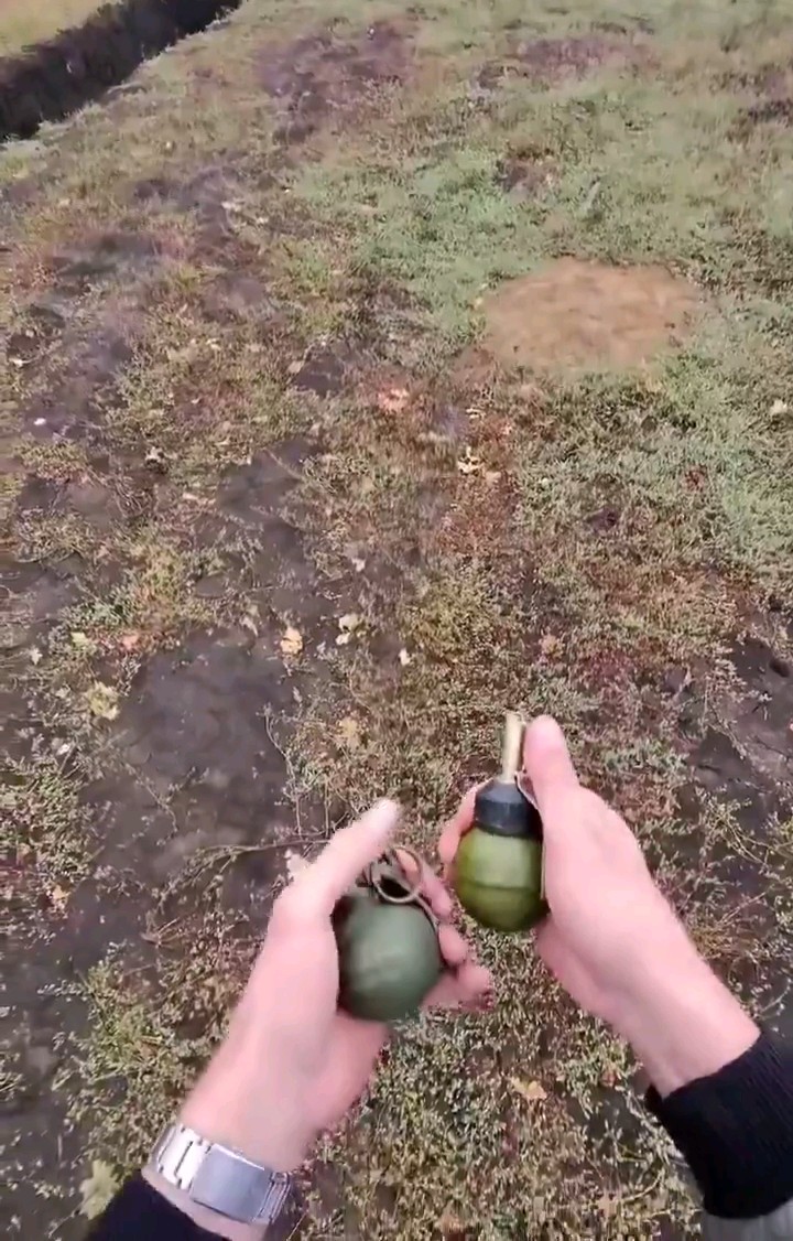 A Russian man compares the effects of Russian- and U.S.-made hand grenades by throwing them into a pit, showing the difference between them..!!