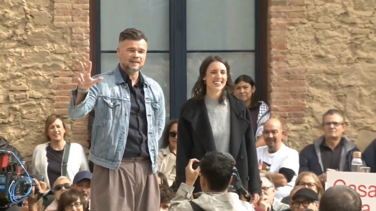 Vivienda. Vivienda. Vivienda. Eso es lo que da seguridad a la gente, te llames como te llames, hables como hables, tengas la bandera que tengas en el balcón. 🎥 Gabriel Rufián con Irene Montero en Barcelona